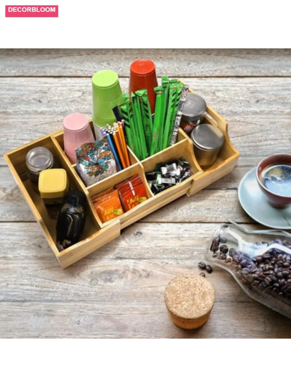 Expandable Bamboo Coffee Station Organizer with 7 Compartments, Countertop